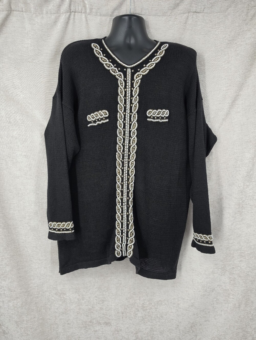 Vintage Black Sweater with Gold and White Faux Pearl Beading Women's Plus Size